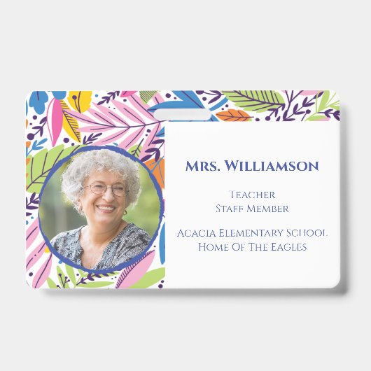 Moderne bloemen leraar personeel foto ID Badge (Voorzijde)