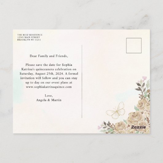 Moderne Bloemen Licht Goud Quinceanera Save the Da Briefkaart (Achterkant)