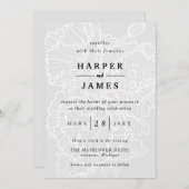 Moderne bloemen lineart klaprozen wit grijs bruilo kaart (Voorkant / Achterkant)