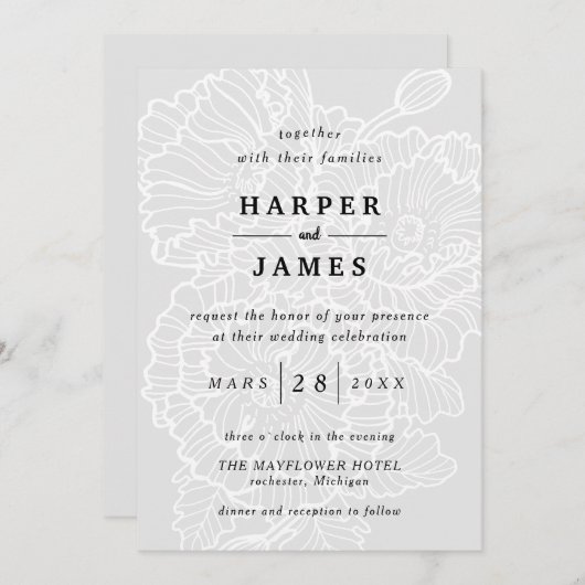 Moderne bloemen lineart klaprozen wit grijs bruilo kaart (Voorkant / Achterkant)