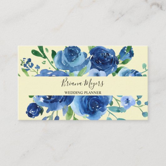 Moderne Bloemen Marine Blauw Geel Bedrijf Visitekaartje (Voorkant)