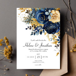 Moderne Bloemen Marine Blauw Goud Elegante Huwelij Kaart