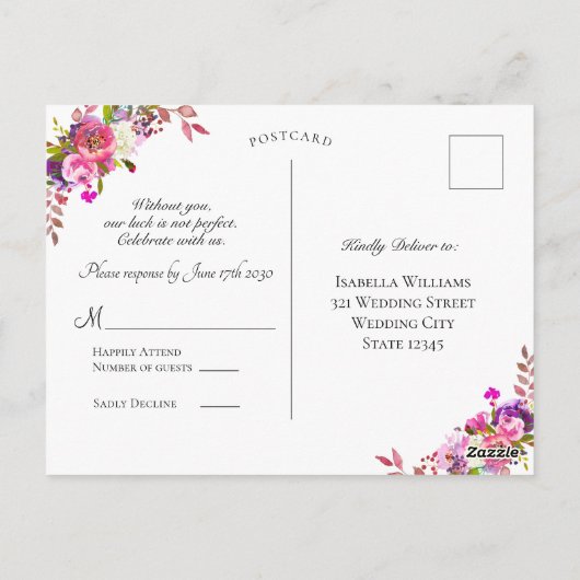 Moderne Bloemen Marine Blauw Goud Huwelijk RSVP Briefkaart (Achterkant)