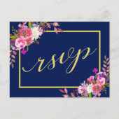 Moderne Bloemen Marine Blauw Goud Huwelijk RSVP Briefkaart (Voorkant)