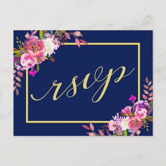 Moderne Bloemen Marine Blauw Goud Huwelijk RSVP Briefkaart (Voorkant)