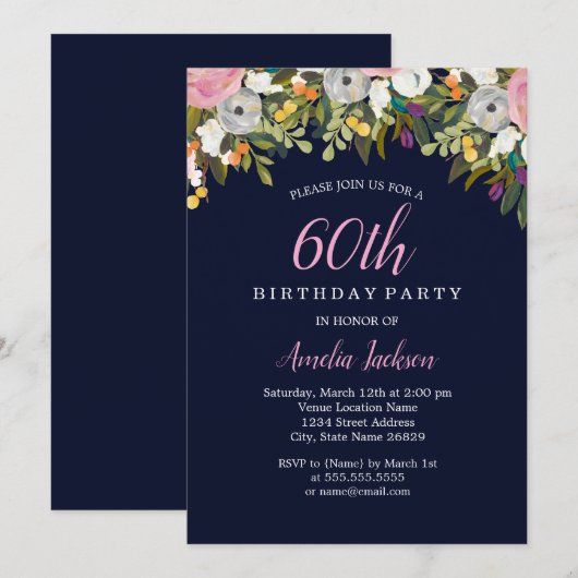 Moderne Bloemen Marine Roze 60e Verjaardag Kaart (Voorkant / Achterkant)