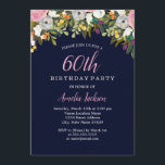 Moderne Bloemen Marine Roze 60e Verjaardag Kaart<br><div class="desc">Birthday-uitnodigingen in de Little Bayleigh Store!</div>