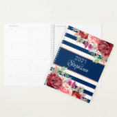 Moderne Bloemen Marine Witte Streep Gepersonalisee Planner (Display)