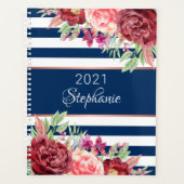 Moderne Bloemen Marine Witte Streep Gepersonalisee Planner (Voorkant)