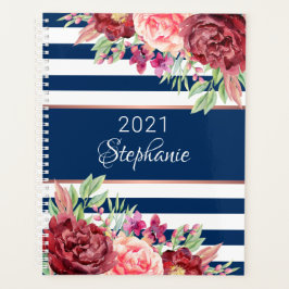 Moderne Bloemen Marine Witte Streep Gepersonalisee Planner
