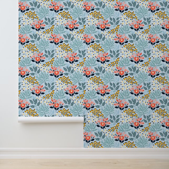 Moderne bloemen op blauw behang (Applicatie)