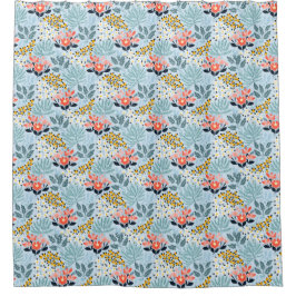 Moderne bloemen op blauw douchegordijn