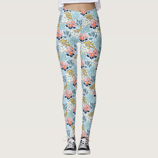 Moderne bloemen op blauw leggings (Voorkant)