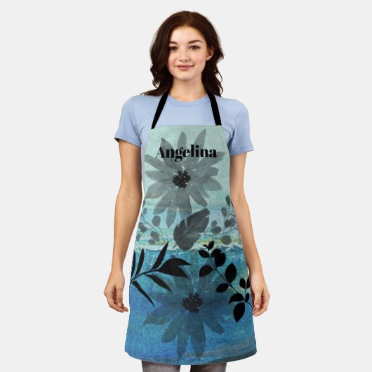Moderne bloemen op droomblauwe achtergrond schort (Gedragen)