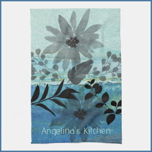 Moderne bloemen op droomblauwe achtergrond theedoek