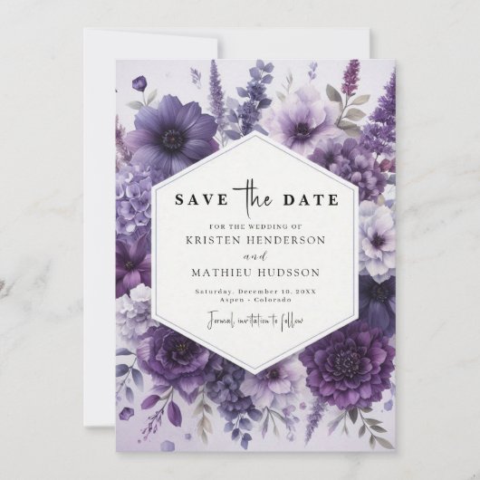 Moderne bloemen Paarse bloemen bruiloft Save The Date (Voorkant)