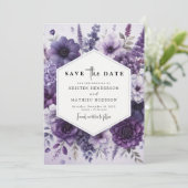 Moderne bloemen Paarse bloemen bruiloft Save The Date (Staand voorkant)
