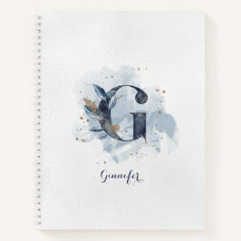 Moderne Bloemen Persoonlijk Monogram Letter G Blau Notitieboek