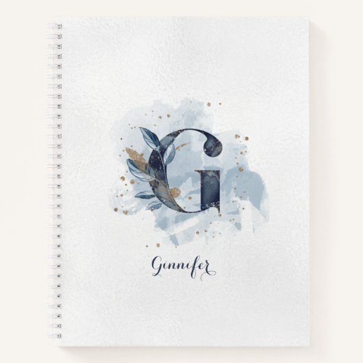 Moderne Bloemen Persoonlijk Monogram Letter G Blau Notitieboek (Voorkant)