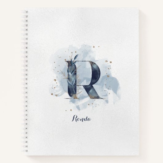 Moderne Bloemen Persoonlijk Monogram Letter R Blau Notitieboek (Voorkant)