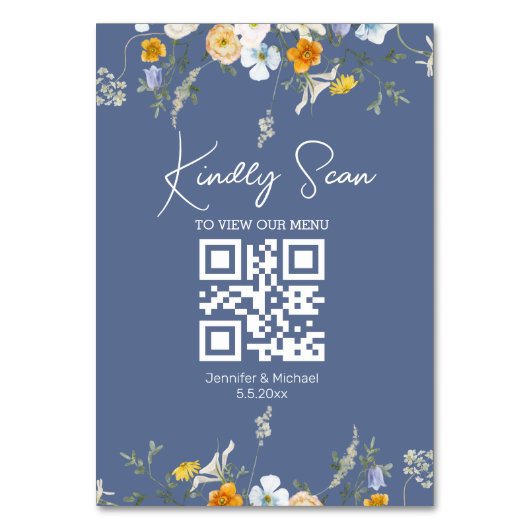 Moderne Bloemen QR Code Blauw Nova Trouwkaart Kaart (Voorkant)