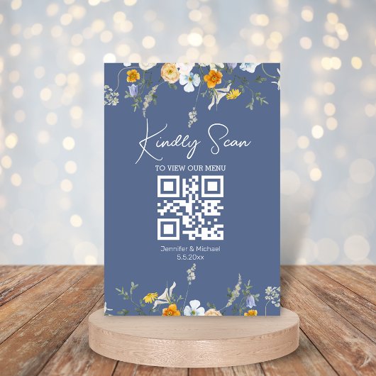 Moderne Bloemen QR Code Blauw Nova Trouwkaart Kaart