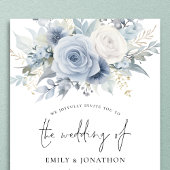 Moderne Bloemen QR Code Stoffig Blauw Bruiloft Kaart