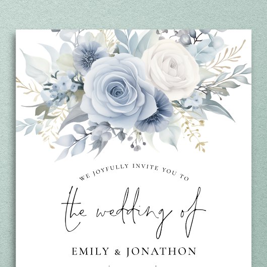 Moderne Bloemen QR Code Stoffig Blauw Bruiloft Kaart