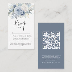 Moderne Bloemen QR Code Stoffig Blauw Bruiloft RSV Informatiekaartje