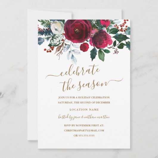 Moderne Bloemen Rode Bourgondië Goud Vakantie Part Kaart (Voorkant)