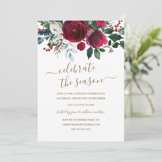 Moderne Bloemen Rode Bourgondië Goud Vakantie Part Kaart (Staand voorkant)