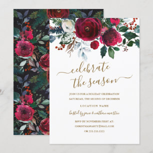 Moderne Bloemen Rode Bourgondië Goud Vakantie Part Kaart