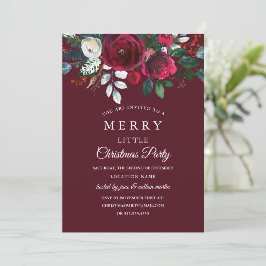 Moderne Bloemen Rode Bourgondië Kerstfeest Kaart (Staand voorkant)