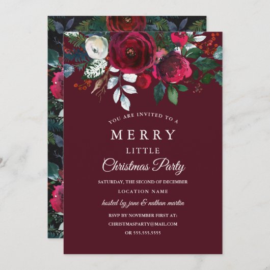 Moderne Bloemen Rode Bourgondië Kerstfeest Kaart (Voorkant / Achterkant)