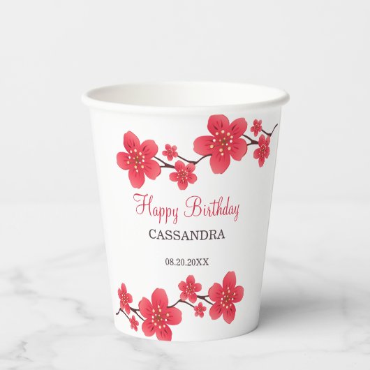 Moderne Bloemen Rode Kersenbloesem Sakura Verjaard Papieren Bekers (Achterkant)