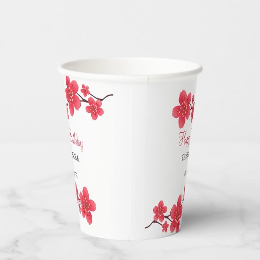 Moderne Bloemen Rode Kersenbloesem Sakura Verjaard Papieren Bekers (Rechts)