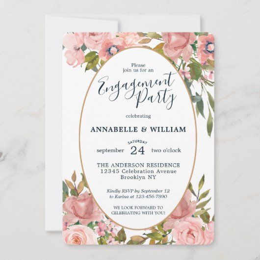 Moderne Bloemen Roze Blush Goud Engagement Party Kaart (Voorkant)