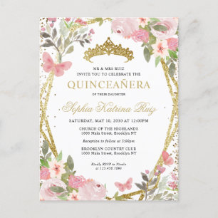 Moderne Bloemen Roze Goud Tiara Quinceañera Briefkaart