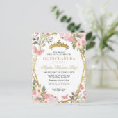 Moderne Bloemen Roze Goud Tiara Quinceañera Briefkaart (Staand voorkant)