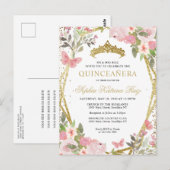 Moderne Bloemen Roze Goud Tiara Quinceañera Briefkaart (Voorkant / Achterkant)