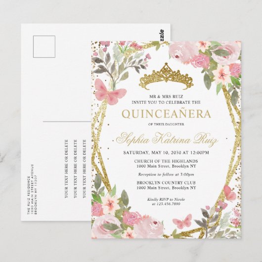 Moderne Bloemen Roze Goud Tiara Quinceañera Briefkaart (Voorkant / Achterkant)