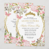 Moderne Bloemen Roze Goud Tiara Quinceañera Kaart (Voorkant / Achterkant)