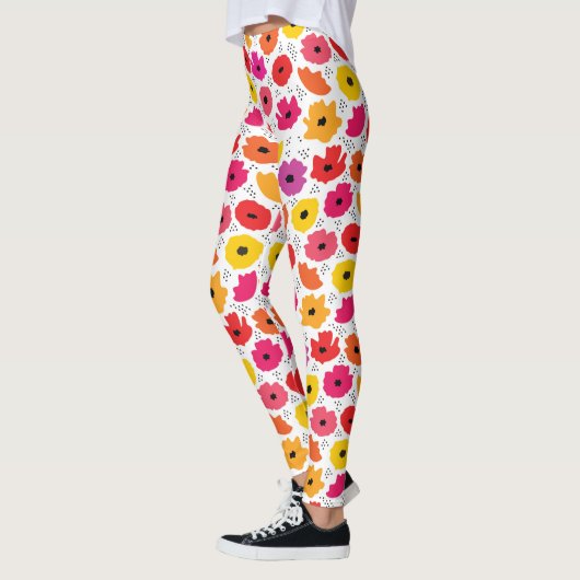 Moderne Bloemen Roze Rood Oranje Stippen Patroon Leggings (Links)