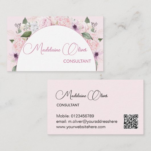 Moderne Bloemen Roze Wit Elegante Vrouwelijke QR C Visitekaartje (Voorkant / Achterkant)