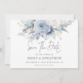 Moderne Bloemen Stoffig Blauw QR Code Bruiloft Save The Date (Voorkant)