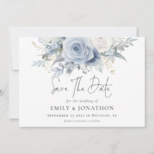 Moderne Bloemen Stoffig Blauw QR Code Bruiloft Save The Date (Voorkant)