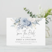 Moderne Bloemen Stoffig Blauw QR Code Bruiloft Save The Date (Staand voorkant)