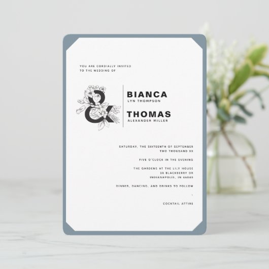 Moderne Bloemen Stoffig Blauw & Wit Huwelijk Kaart (Staand voorkant)