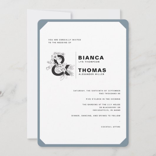 Moderne Bloemen Stoffig Blauw & Wit Huwelijk Kaart (Voorkant)