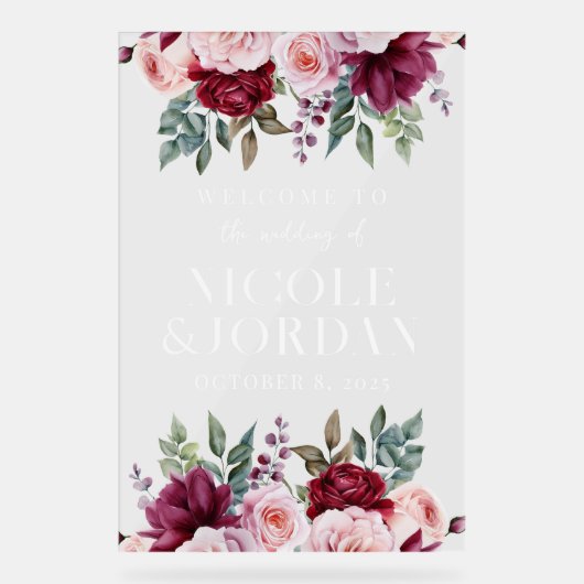 Moderne Bloemen Transparante Huwelijk Welkom Acryl Bord (Voorkant)